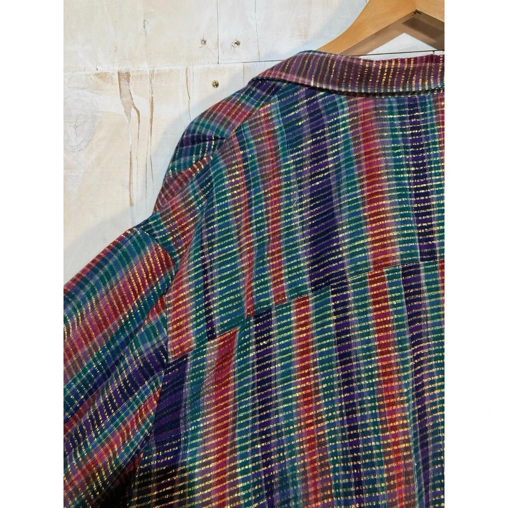 Handmade Button Down Shirt Women‎ Sz L Multi-Color Metallic Lurex Plaid Tunic - Picture 12 of 13